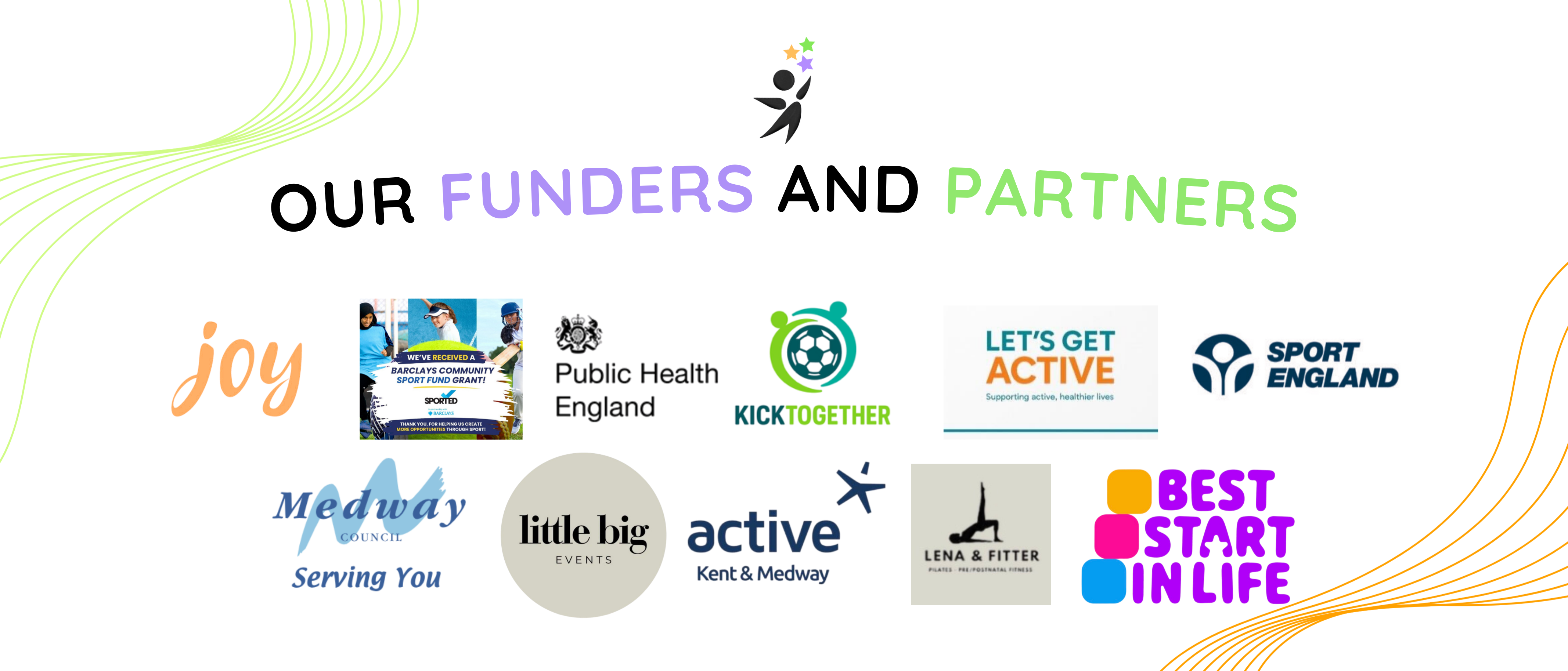 Our funders and partners: Joy, Sported and the Barclays Community Sport Fund, Public Health England, Kick Together, Let's Get Active, Sport England, Medway Council, Little Big Events, Active Kent and Medway, Lena & Fitter, and Best Start in Life
